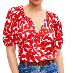 NWT LOFT Petite Plumeria Puff Sleeve Split Neck Top